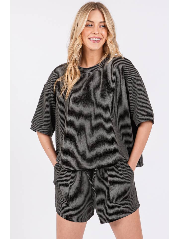 Sewn and Seen - Wholesale Lounge Set - Women's - RIBBED ROUND NECK TOP AND SHORTS SET56