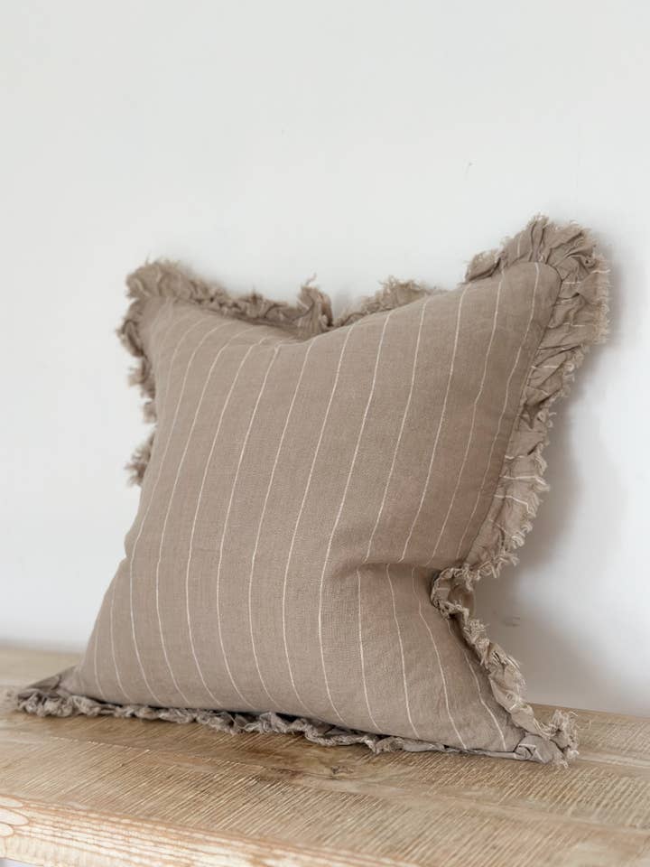 Hallie Ruffled Linen Cushion Cover 45x45 – Beige Stripe for wholesale by Ellenvale Trade