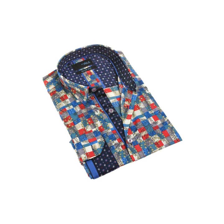 Navy Print Shirt With Trim #M-1786 for wholesale by EIGHT X