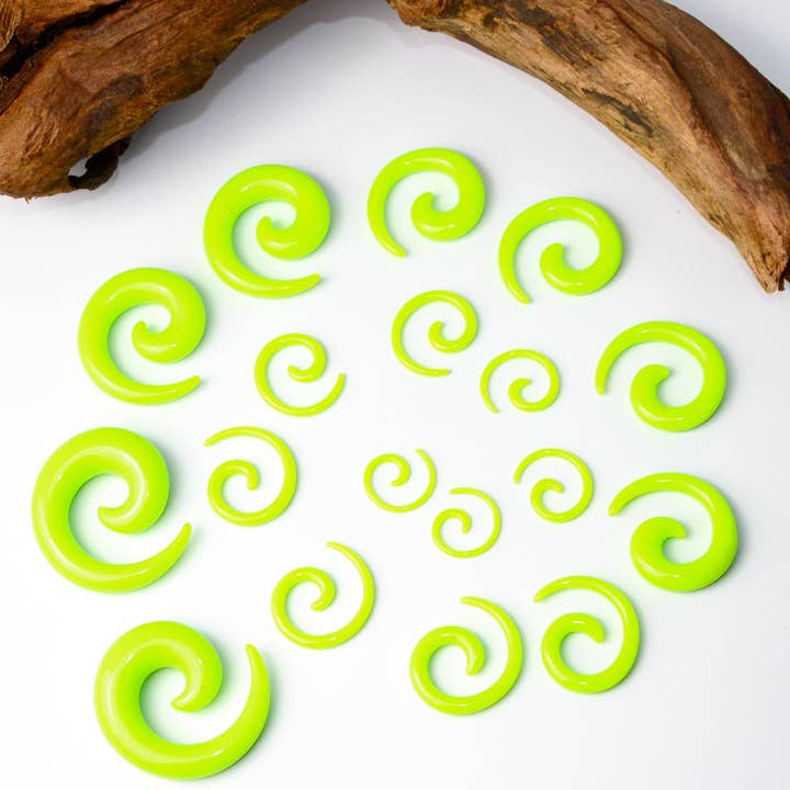 Green UV Reactive Acrylic Spirals Neon Pair for wholesale by EC Plugs and Gems