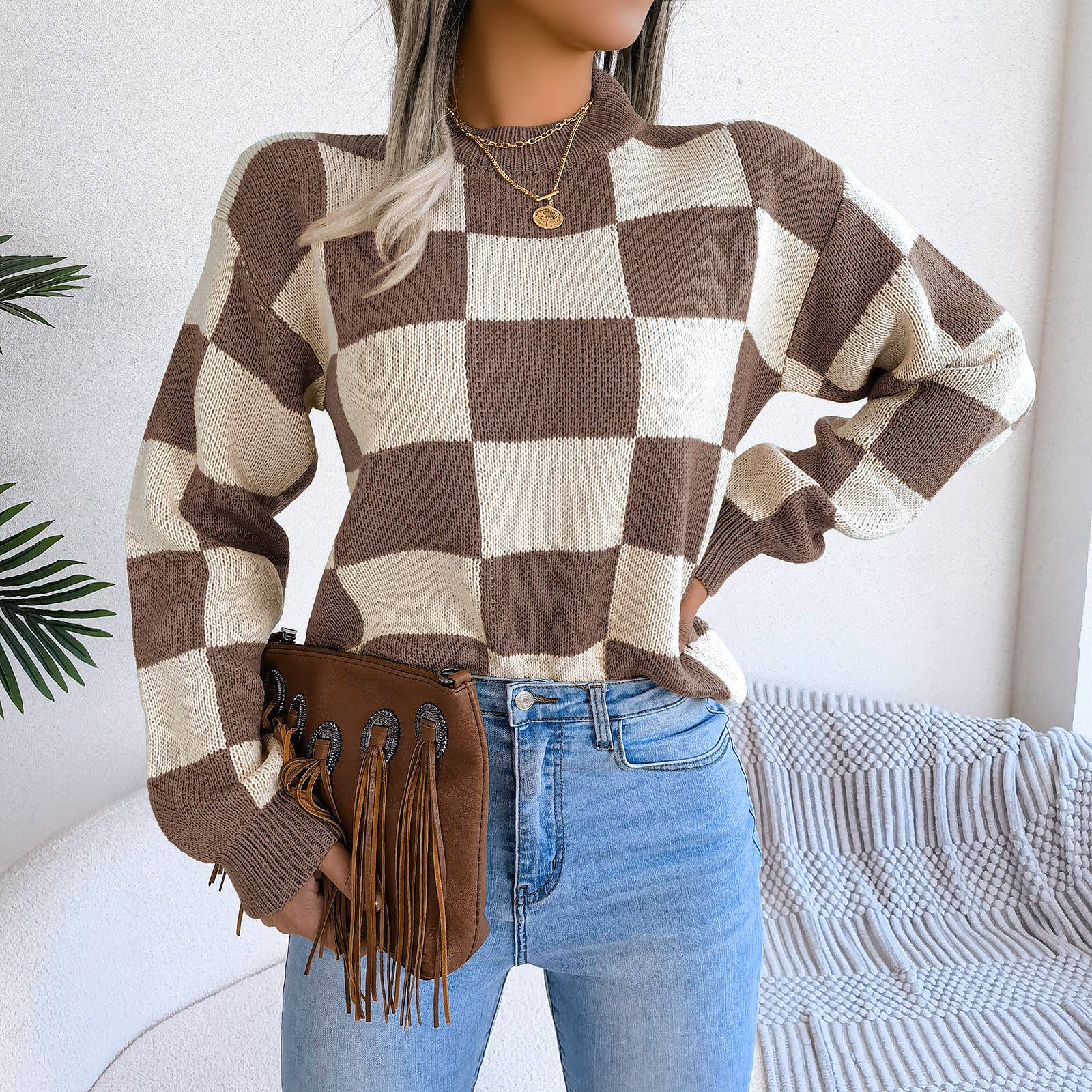 HIDDENBRAND - Wholesale Knit Sweater - Women's - Contrast plaid pullover knit sweater18