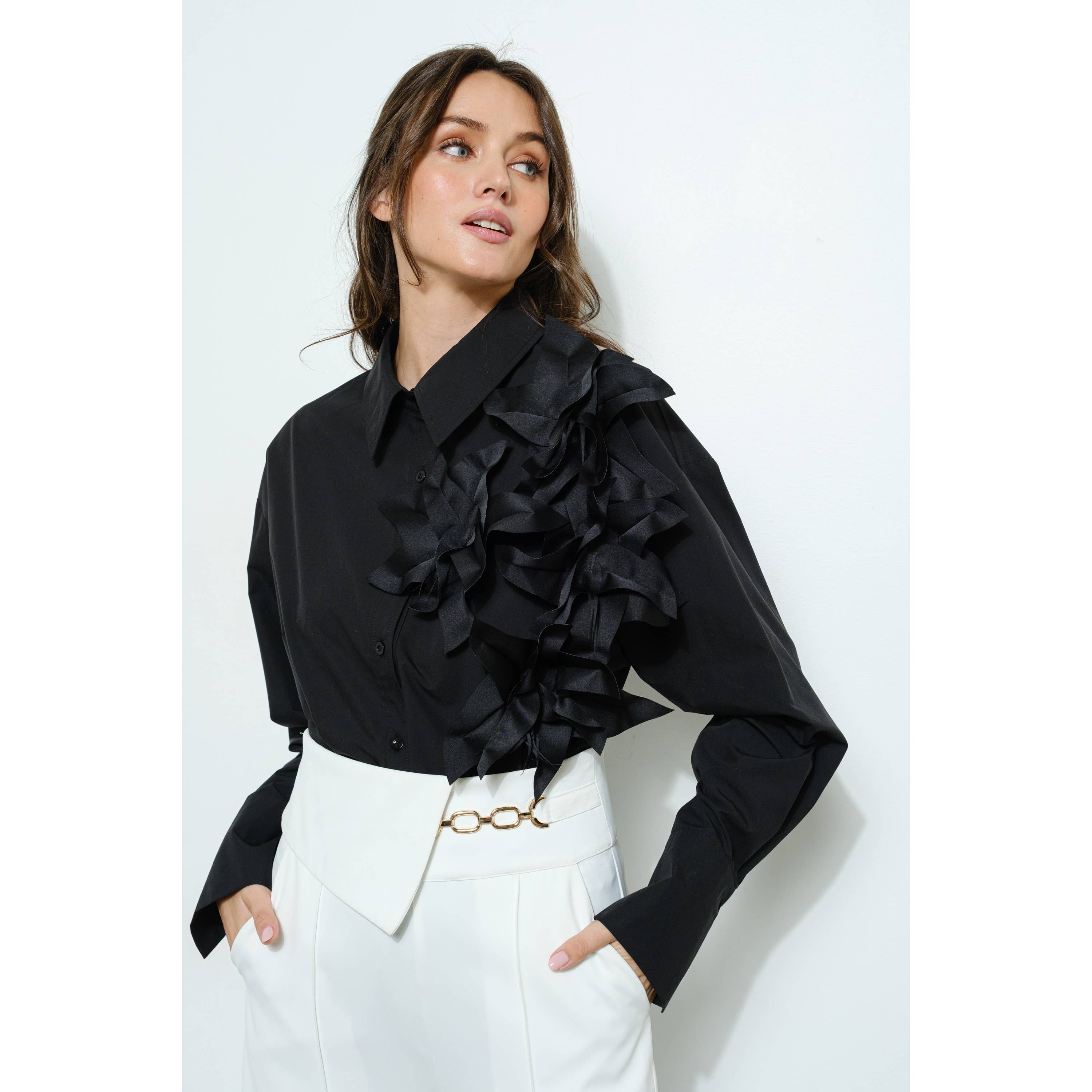 INA – Engroshandel Bluse - Dame – 3D båndblomst applikation skræddersyet skjorte9