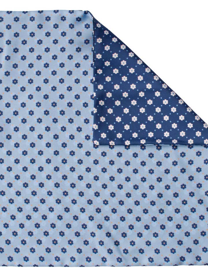 Double-Faced Light Blue Navy Blue Multicolor Floral Silk Pocket Square POC607 for wholesale by Graffeo Cravatte