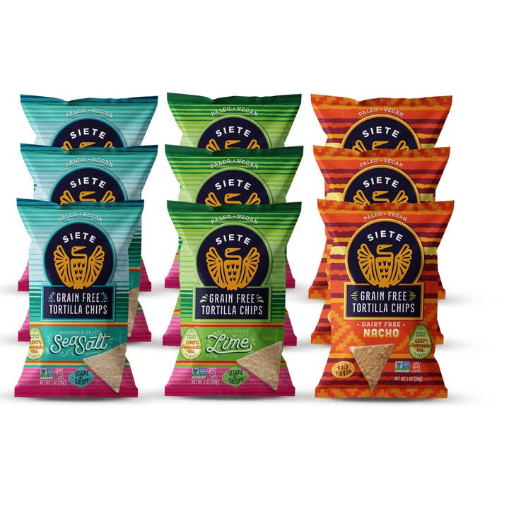 Tortilla Chip 1oz Mix: 24 Sea Salt, 24 Lime, 24 Nacho for wholesale by Siete Foods