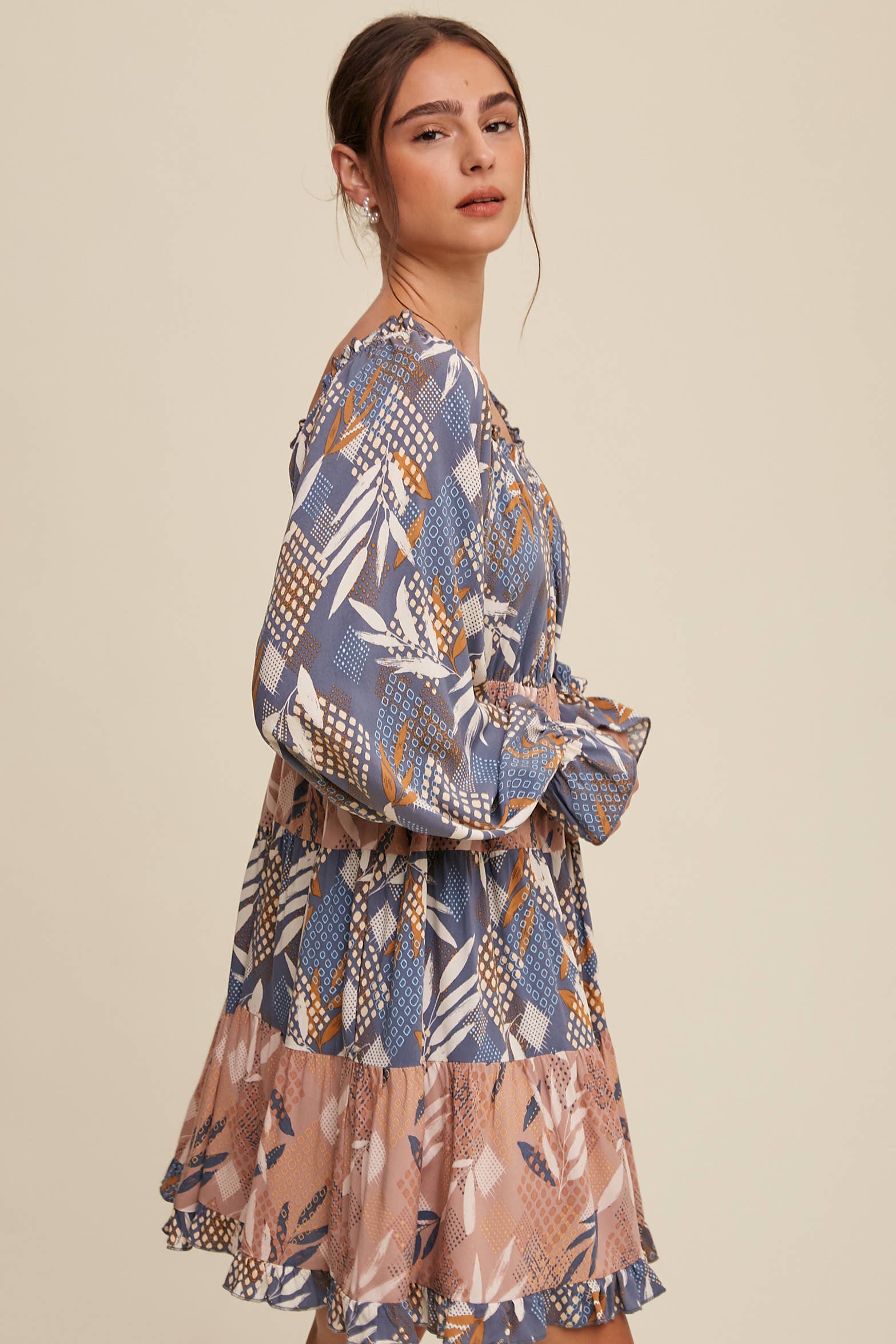 Listicle - Wholesale Dress - Women's - Patchwork Puff-Sleeve Tiered Mini Dress19