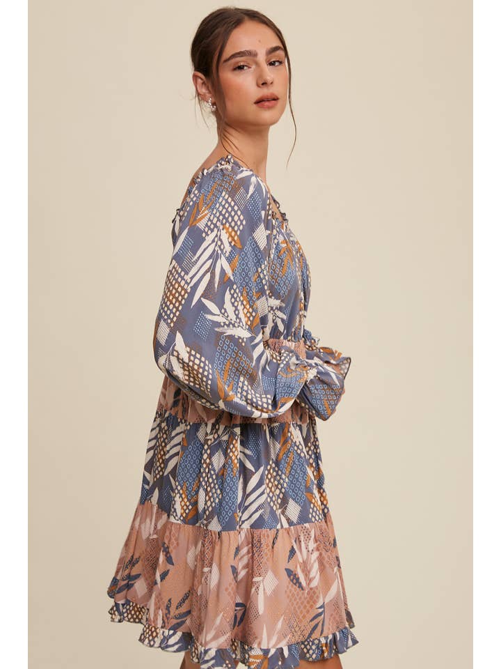 Listicle - Wholesale Dress - Women's - Patchwork Puff-Sleeve Tiered Mini Dress19