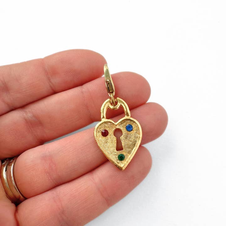 Lulu’s Petals - Wholesale Individual Charm/Pendant - Vintage gold tone heart lock charm with multicolor rhinestones1