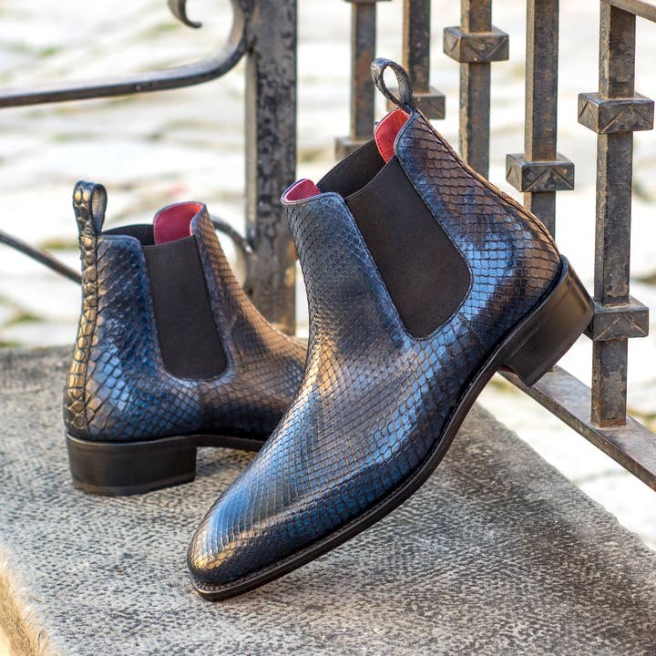 Monza Chelsea-Stiefel aus exotischem Python und Leder für Herren, Marineblau für den Großhandel von DapperFam
