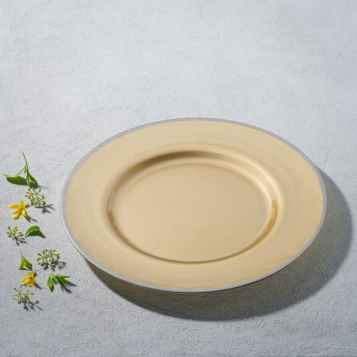 Vikko Decor- Elm, Gold with Silver Rim, Glass Chargers, 13'' for wholesale by Kadra Kitchenware