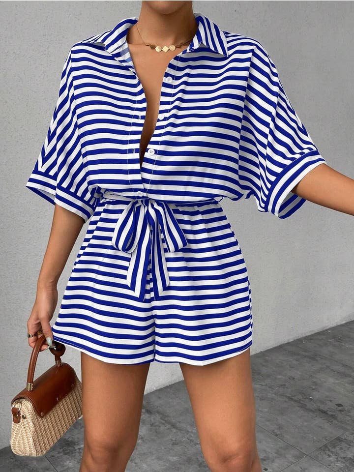 Wholesalesir - Wholesale Romper - Women's - Striped Lapel Button Waistband Shorts Jumpsuit
