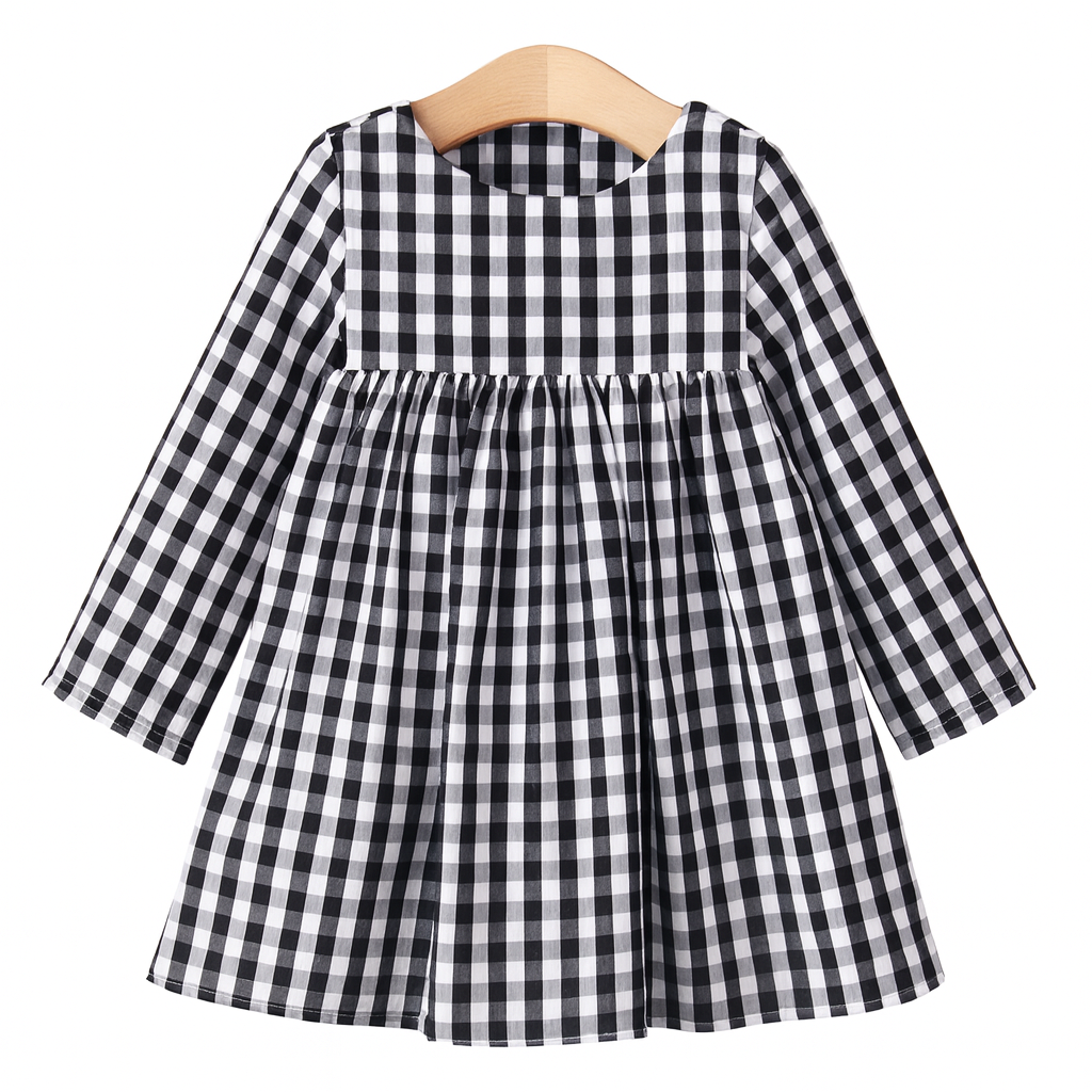 Fennco Styles – Vestido - Crianças por atacado – Vestido de Menina Preto & Branco Gingham Algodão0