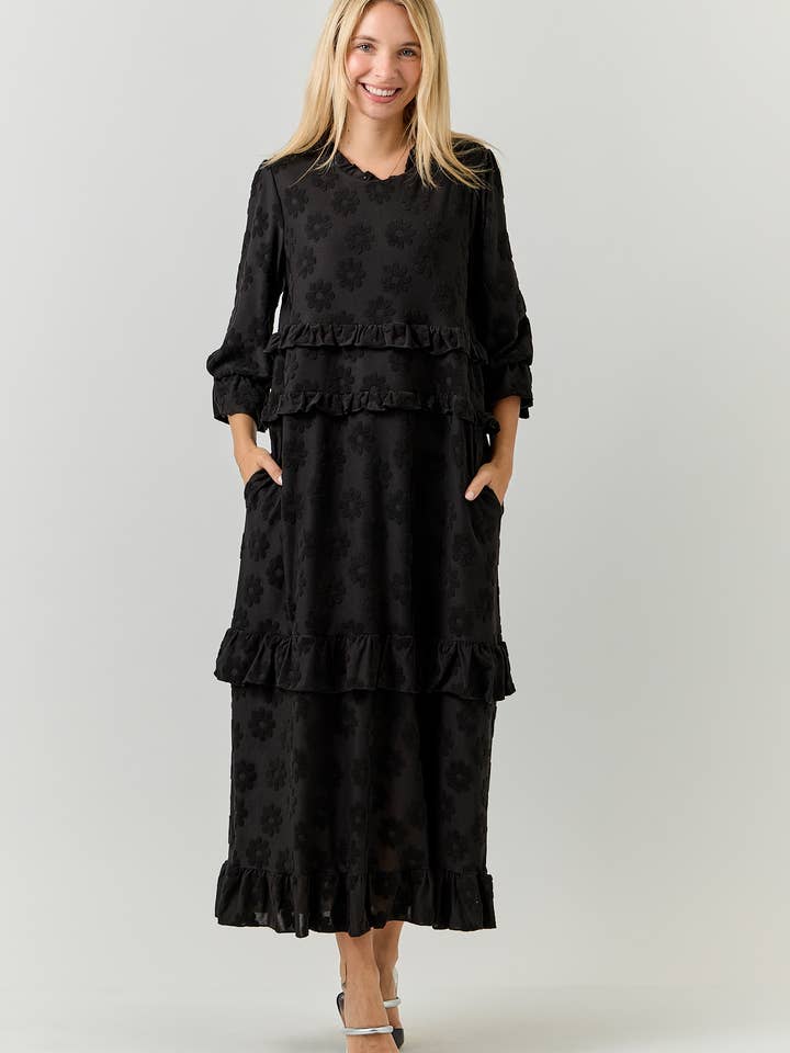 WOMEN'S PLUS SIZE FLORAL MAXI DRESS WITH RUFFLES & POCKETS for wholesale by Celeste Clothing