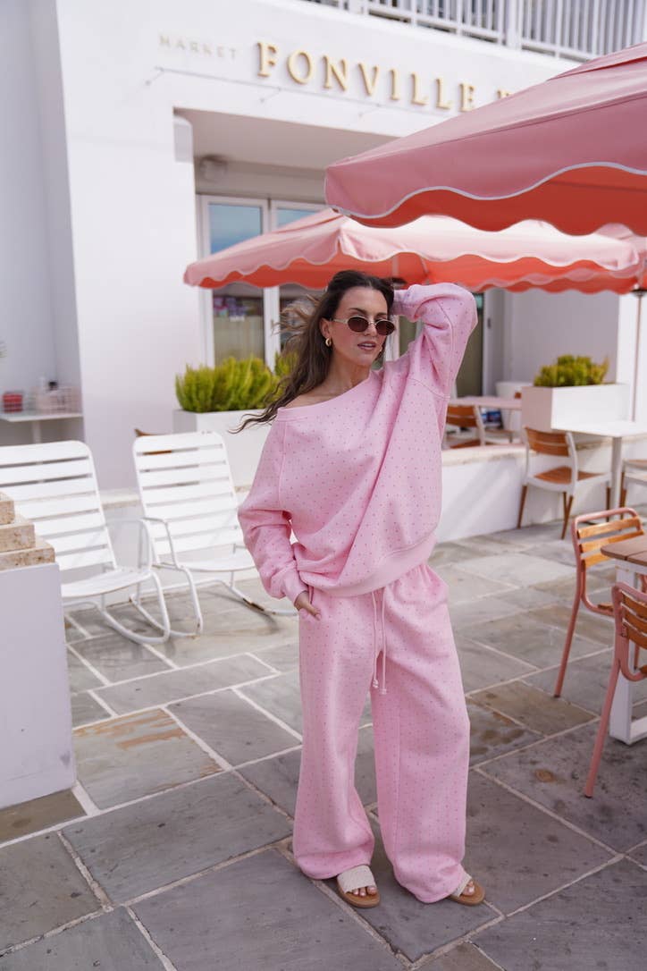 Sunkissed Coconut - Wholesale Sweatshirt - Women's - Light Pink Polka Dot Off The Shoulder Sweatshirt10