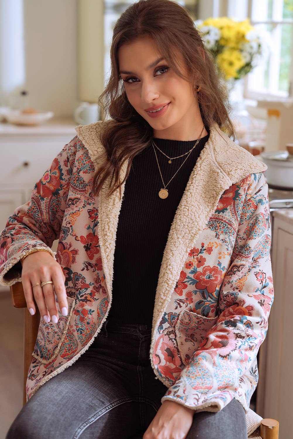 As Shown Vintage Paisley Floral Printed Sherpa Lined Hooded Jacket for wholesale on Faire1