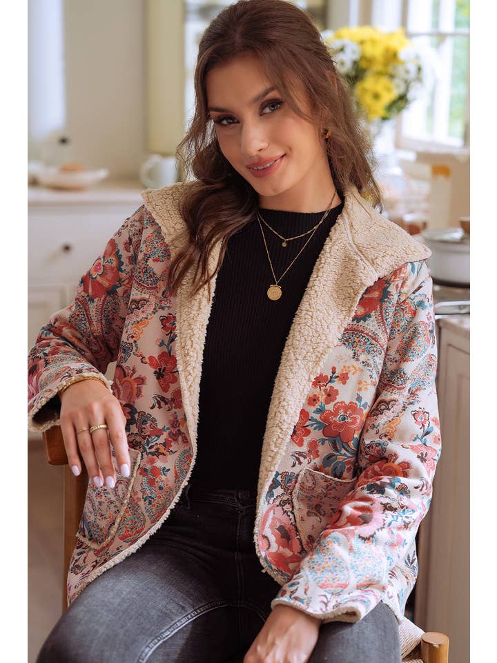 As Shown Vintage Paisley Floral Printed Sherpa Lined Hooded Jacket for wholesale on Faire1