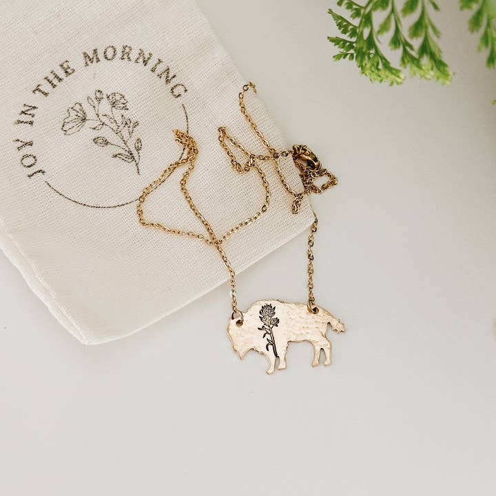 JOY IN THE MORNING - Wholesale Pendant/Charm Necklace - Indian Paintbrush Bison Necklace, Wyoming Flower, Buffalo