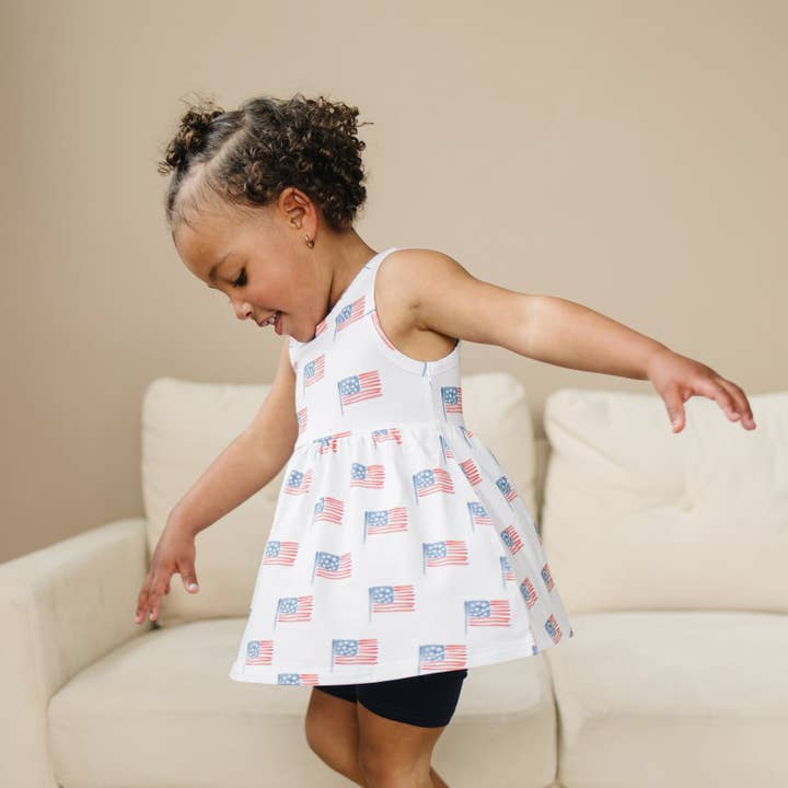 Little Joy Co. - Wholesale Top & Short Set - Kids - Flag Print Bamboo Peplum Top Bike Shorts 4th of July Girl