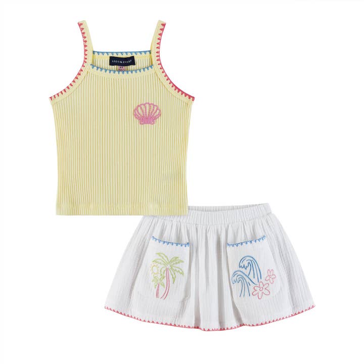 Yellow Kids (2-6x) Knit Halter Tank & White Gauze Skort | Beach Dreams for wholesale on Faire