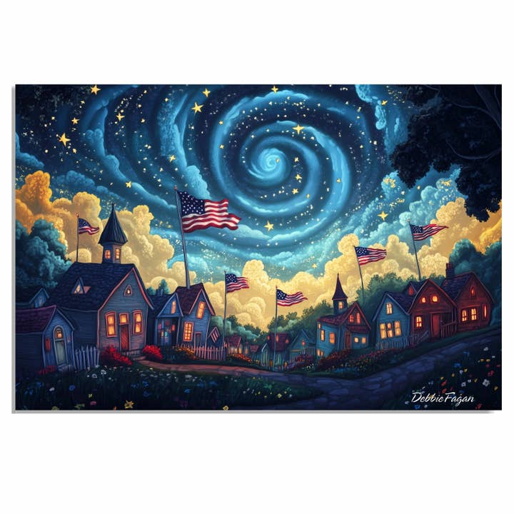 Patriotic Village with Fireworks and Stars Night Sky Canvas for wholesale by Art Paradise Studios