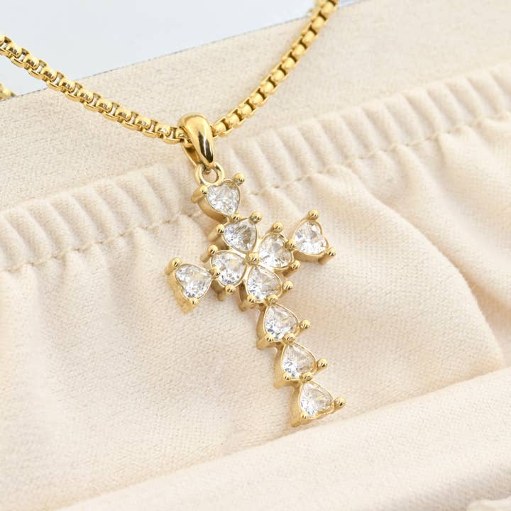Long Diamond Cross Necklace with Heart Shaped Stones for wholesale by Blueyejewelry