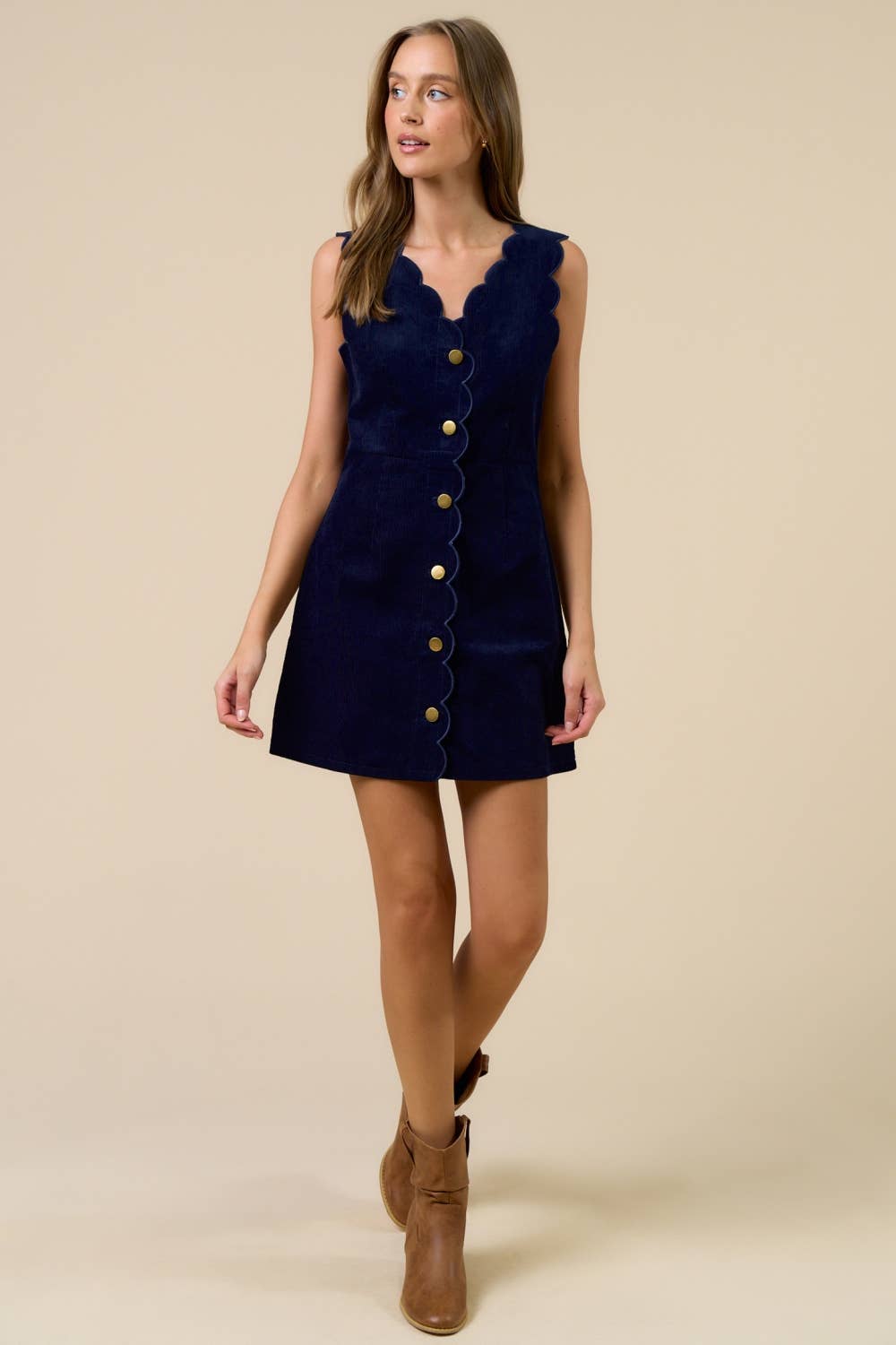 Navy Corduroy Scalloped Edge Mini Dress for wholesale on Faire4