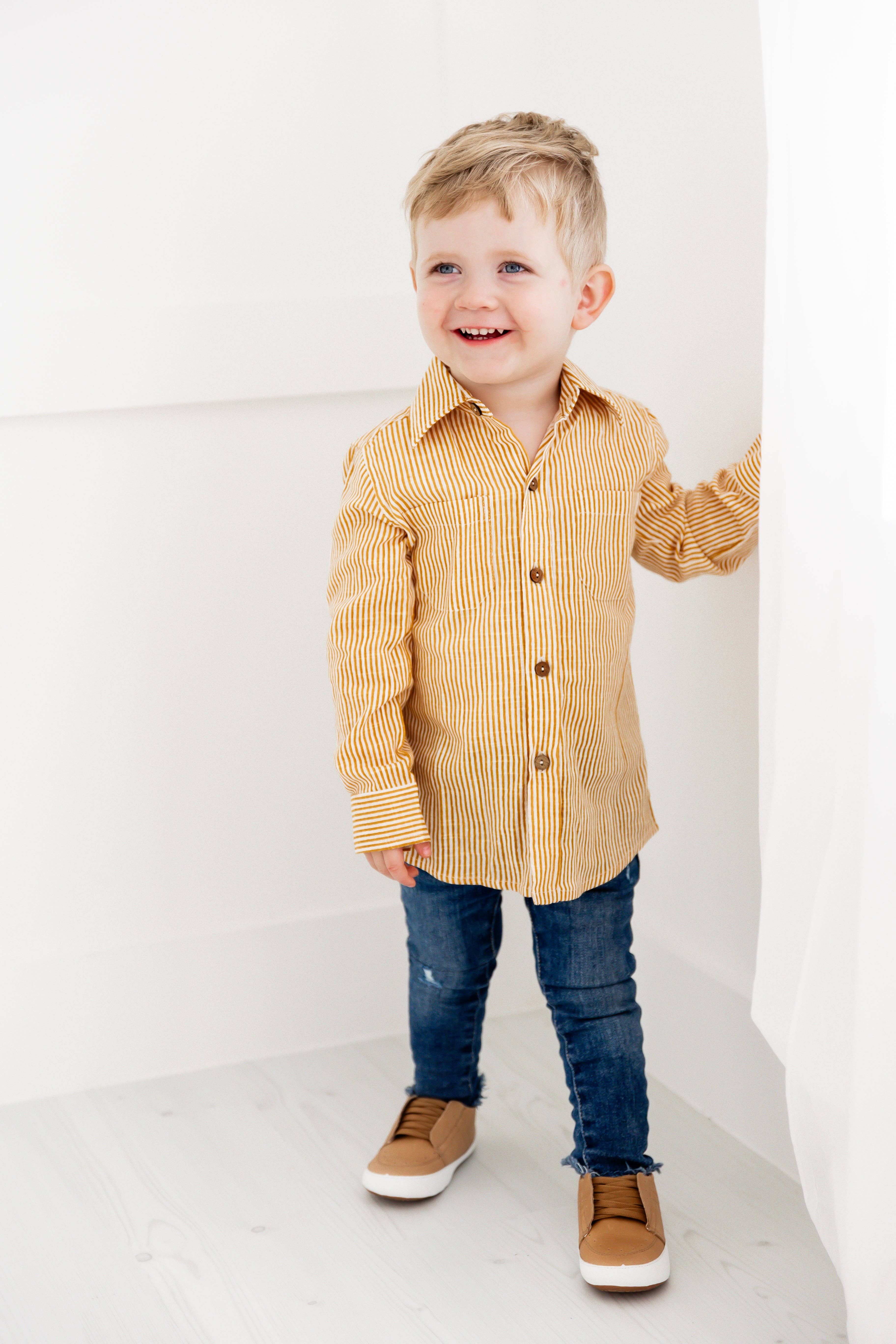 Yo Baby - Wholesale Button Down Shirt - Kids - Mustard Stripes Printed Boys Shirts7