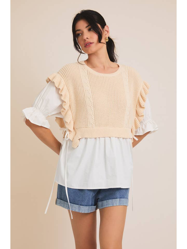 WHITE BUTTER ROUND NECK PUFF HALF SLEEVE KNIT+ WOVEN MIX TOP for wholesale on Faire