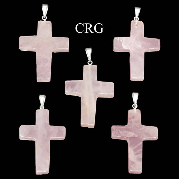 SET OF 5 - Rose Quartz Gemstone Cross Pendants from Brazil / 30mm Avg for wholesale by Crystal River Gems LLC