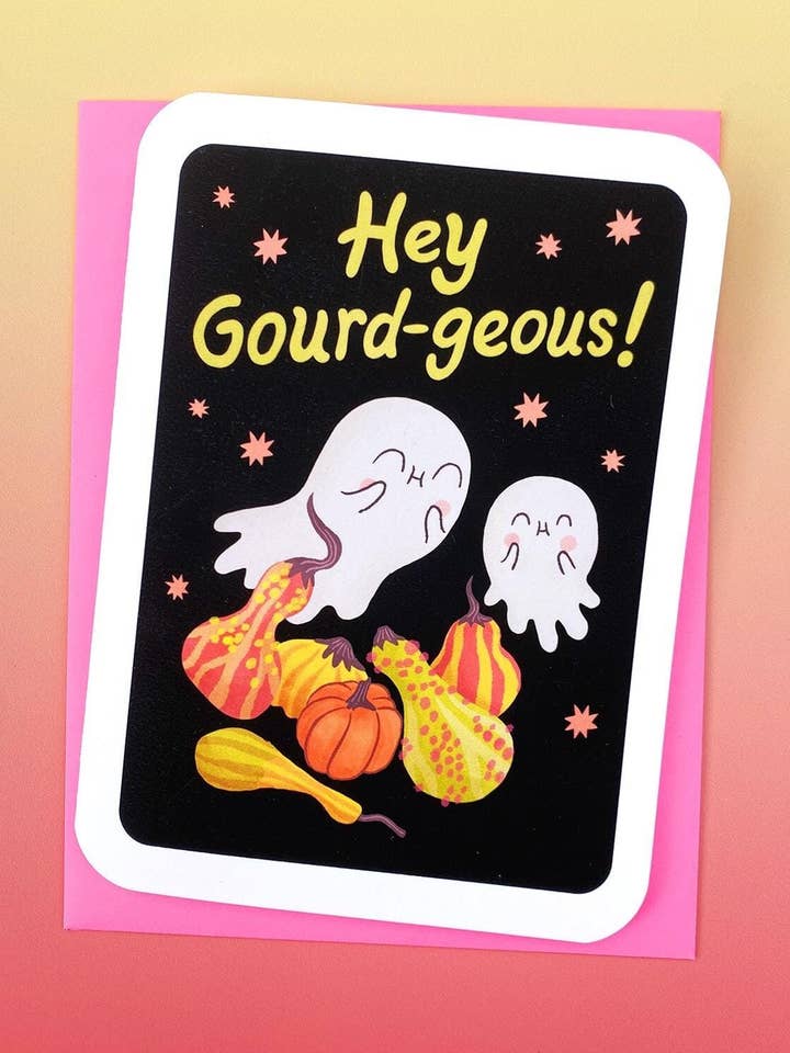 Hé Courge-euse - Carte de vœux mignonne de fantôme joyeux pour Halloween pour la vente par My Zoetrope
