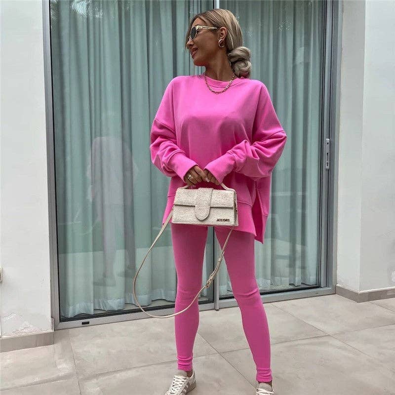 FurDecoration - Wholesale Lounge Set - Women's - Solid Color Round Neck Slit Sweatshirt And Skinny Pants Set6