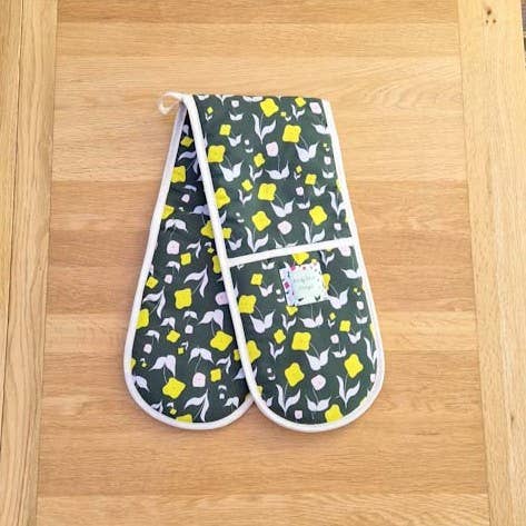 Organic Cotton Double Oven Glove-First Flowers Forest Green for wholesale by Nicky Web Designs