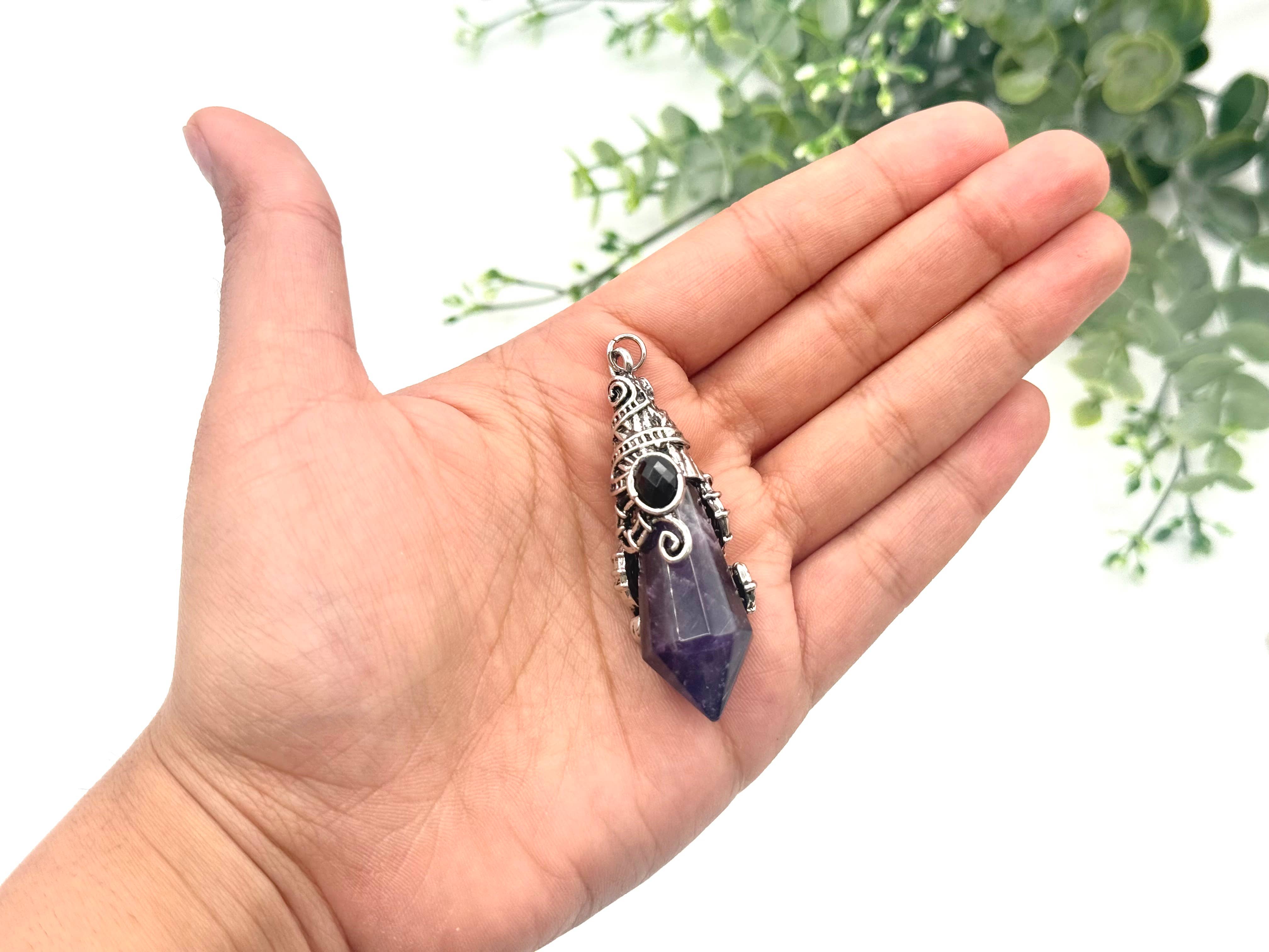 Meraki Gemstones - Venta al por mayor Tableros de péndulos - Péndulo de Amatista de 12 Facetas en Color Plata Antigua4