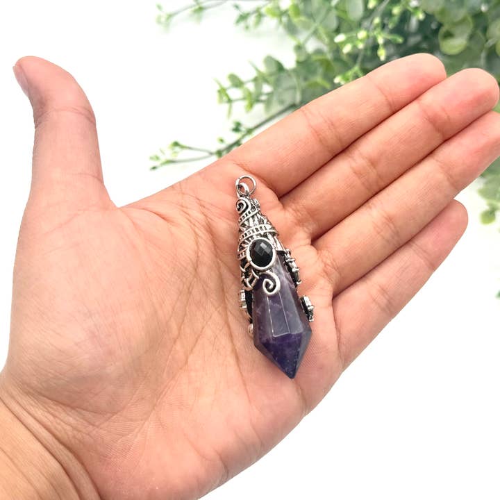 Meraki Gemstones - Venta al por mayor Tableros de péndulos - Péndulo de Amatista de 12 Facetas en Color Plata Antigua4