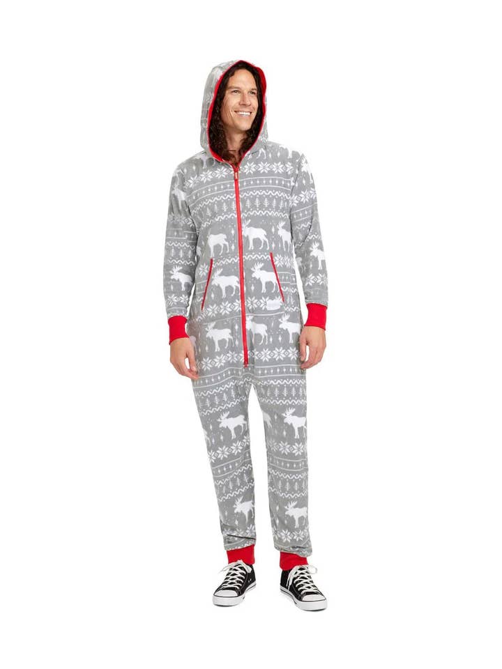Tipsy Elves - Wholesale Onesie - Unisex - Men's Grey Moose Fair Isle Christmas Jumpsuit Onesie