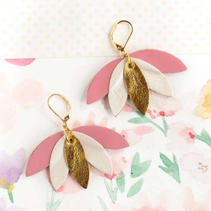 Palm Earrings – White Pink Gold Leather for wholesale by Chenoha Studio