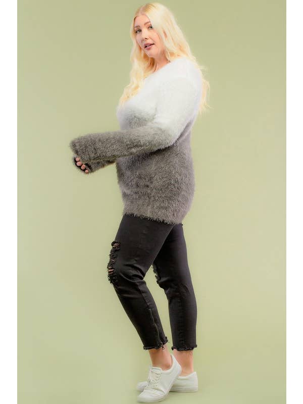 Doe and Rae - Wholesale Tunic Sweater - Women's - Dip Dye Plus Furry Sweater - 8346TPL