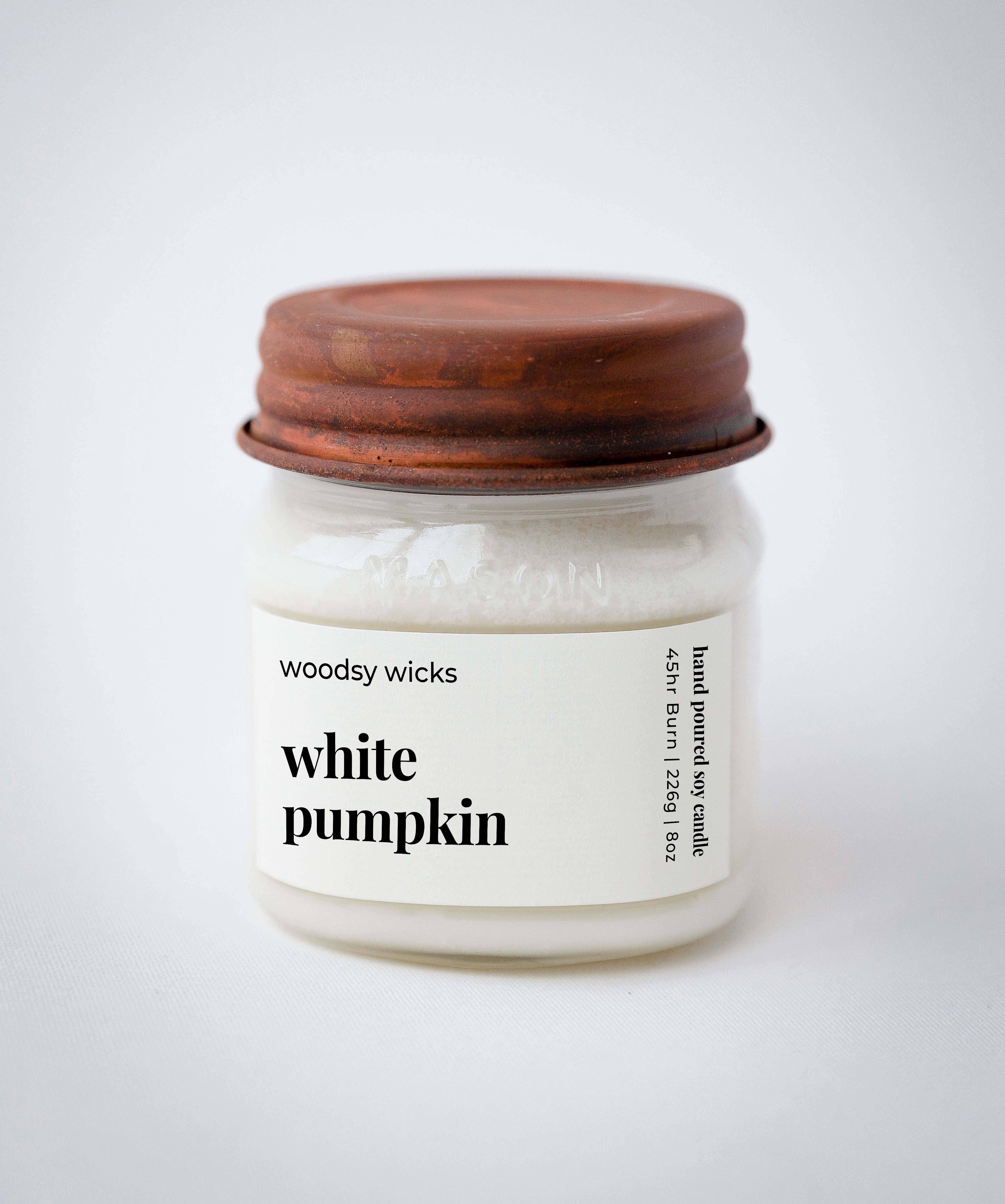 Woodsy Wicks - Wholesale Jar/Filled Candle - White Pumpkin Candle - Rust Lid 100% Soy Wax Candle