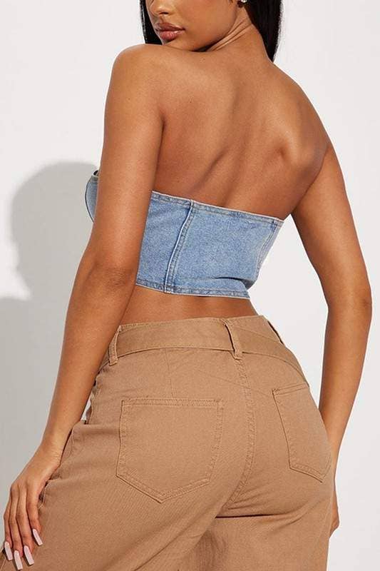 BLUE denim bustier top for wholesale on Faire4