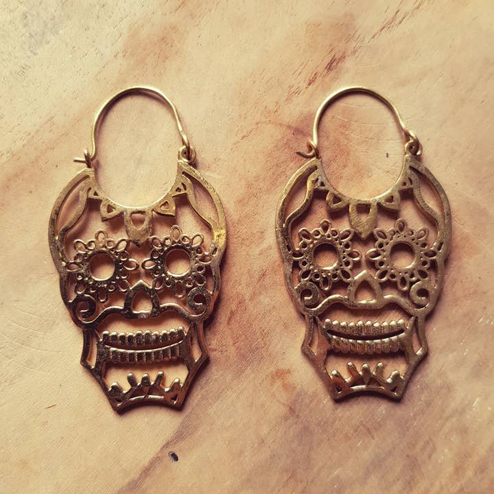Mexican Sugar Skull Brass Earrings; Halloween Day of the Dead Ethnic Boho Rustic Chic Gypsy Spiral Hippie Tribal Bohemian style for wholesale by Kaali Boutique