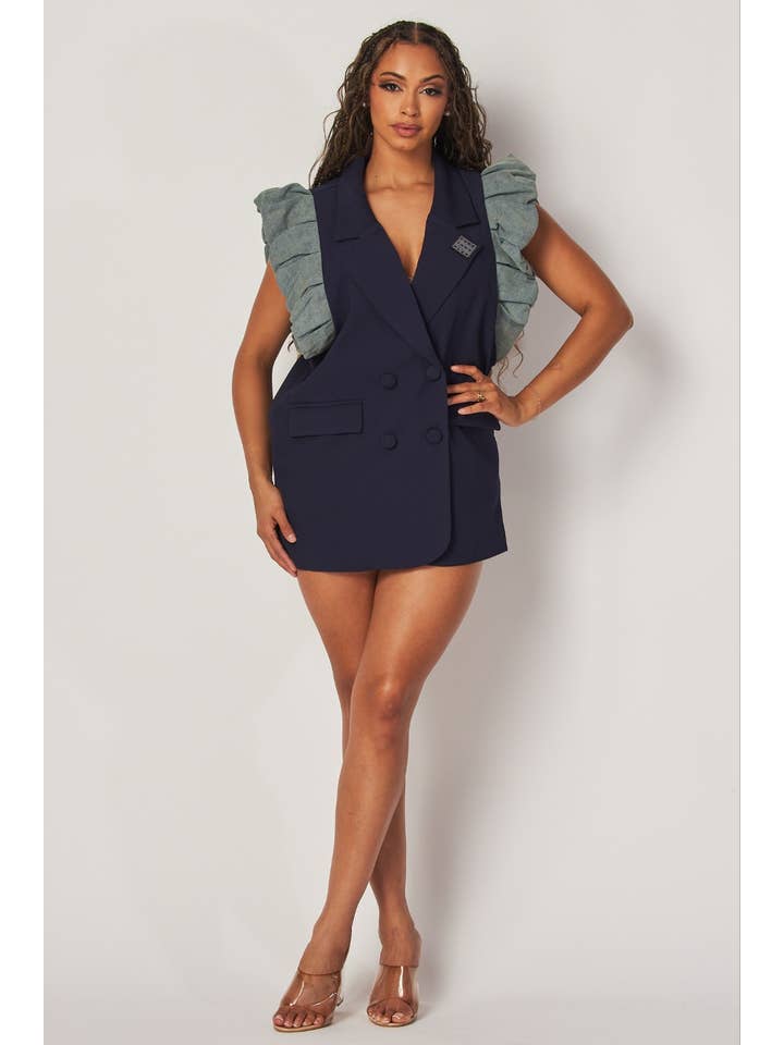 MARINBLÅ Mörk marinblå ärmlös kavajklänning för wholesale på Faire3