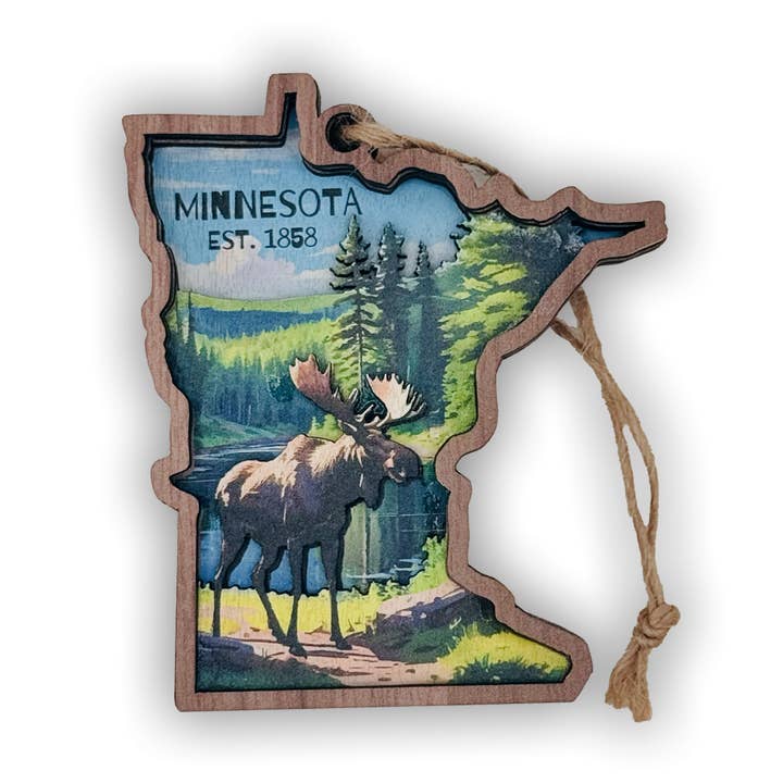 Minnesota State Shaped 4 Layer Moose Wood Ornament for wholesale by Token Atelier