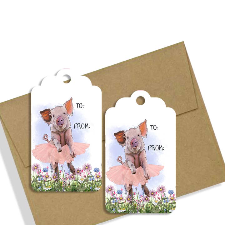 GT - Adorable dansende gris gaveetiketter - Sæt med 8 håndskårne etiketter for engroshandel hos Julie Townsend Studio