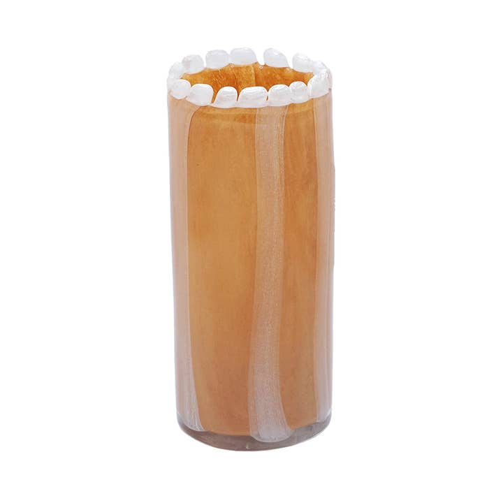 Straight vase with stripes in blown glass with mocha/beige beaded rim for wholesale by Maison Lilo