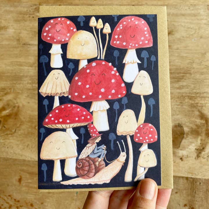 Juliet Thomas Doodles - Wholesale Everyday Greeting Card - Elf riding a snail in a toadstool forest greetings card, A62