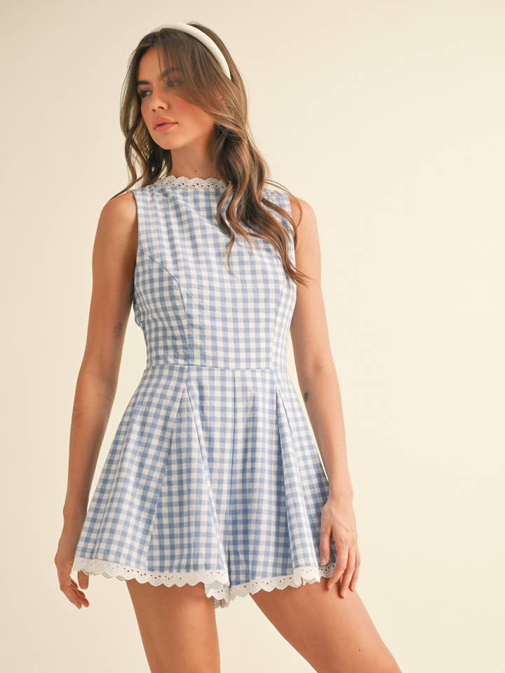 Klesis - Wholesale Romper - Women's - IR2203 SLEEVELESS GINGHAM LACE TRIM ROMPER