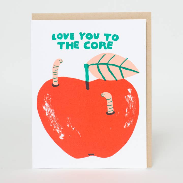Love Apple Core Worms Letterpress Greeting Card by Egg Press for wholesale by Egg Press Manufacturing