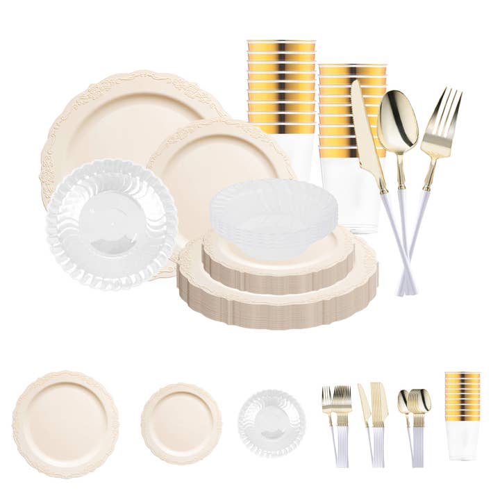 Ivory Vintage Disposable Plastic Tableware Set - 60 Sets for wholesale by Smarty had a Party