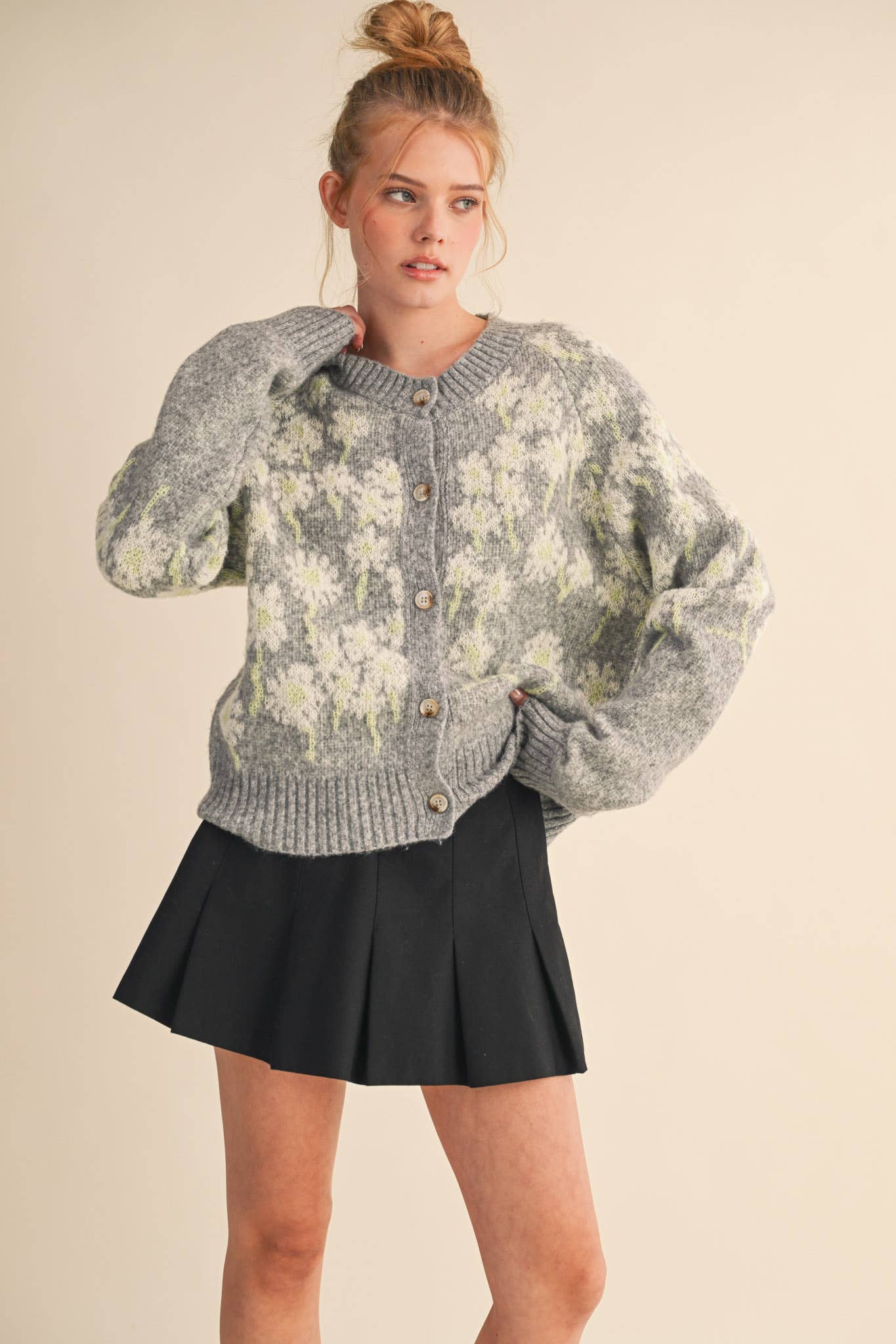 &MERCI - Wholesale Cardigan - Women's - FLORAL KNIT BUTTON DOWN SWEATER CARDIGAN MSW1123826