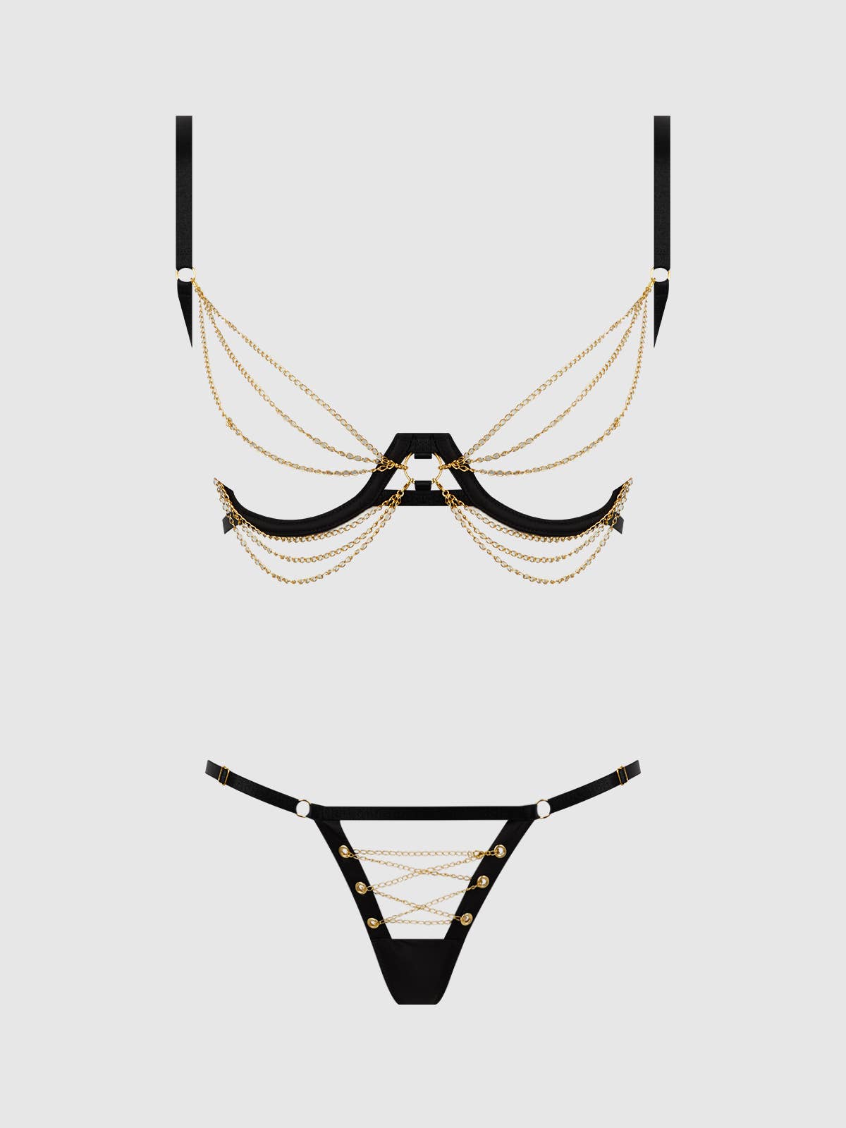 BLACK GOLD EVE SATIN & CHAIN OPEN CUP BRA & G-STRING SET for wholesale on Faire7