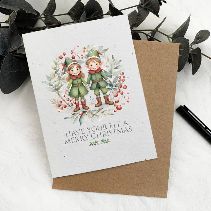 Funny elf Christmas card, plantable wildflower seed for wholesale by Wild Bloom Press
